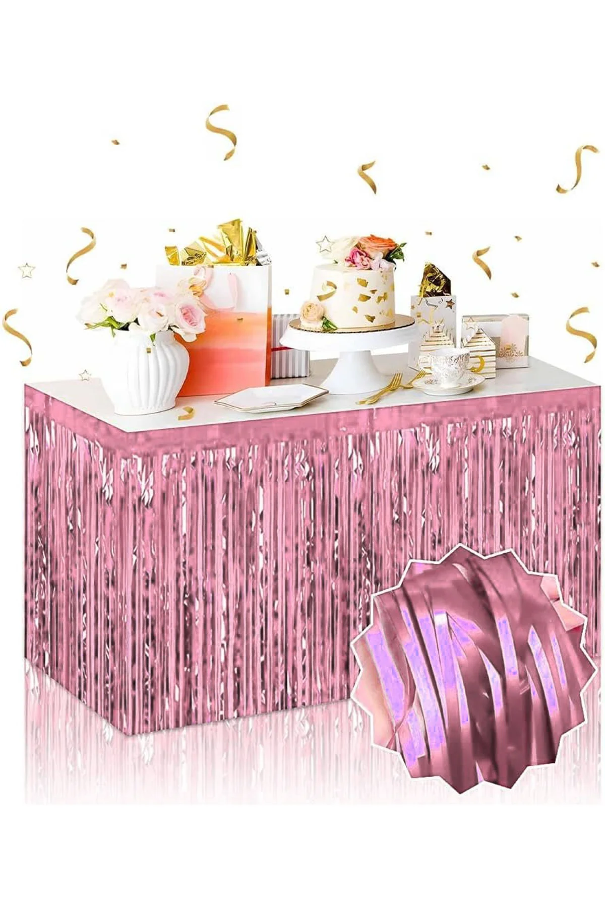 Kendinden Yapışkanlı Rose Gold Metalize Püsküllü Masa Eteği – 75 x 275 cm Parti Süslemesi (4741)