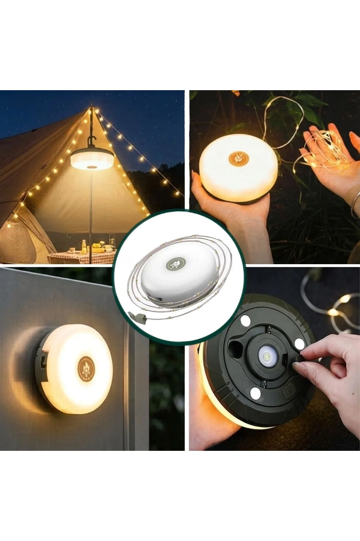 2’si 1 Arada 5 Farklı Işık Modlu Gün Işığı Şarjlı Kamp Lambası ve Makaralı 10 Metre Peri LED Işık