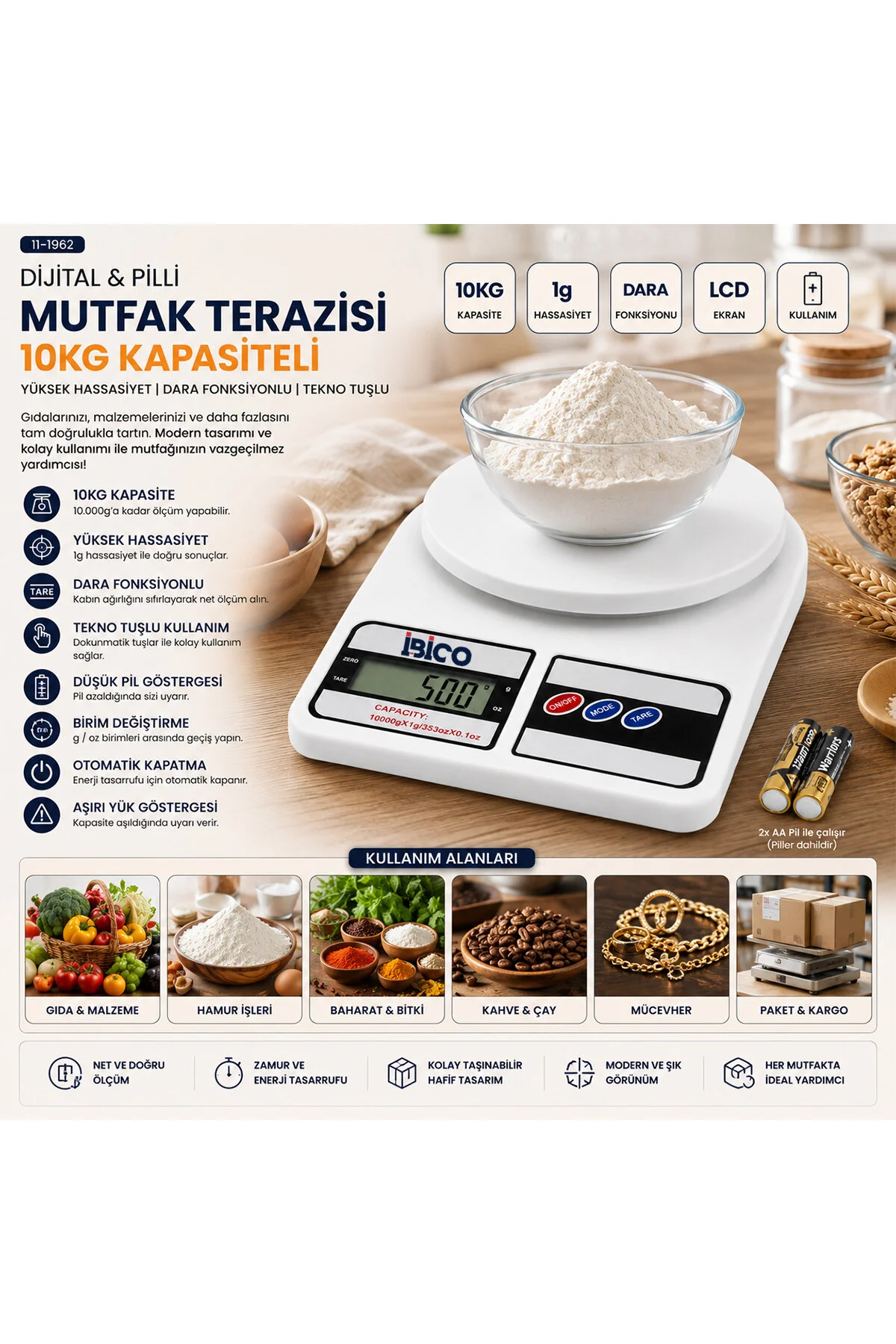 DİJİTAL - PİLLİ MUTFAK TERAZİSİ TARTI 10KG / 1GR (4741) - Just Cheap Store Görsel 2