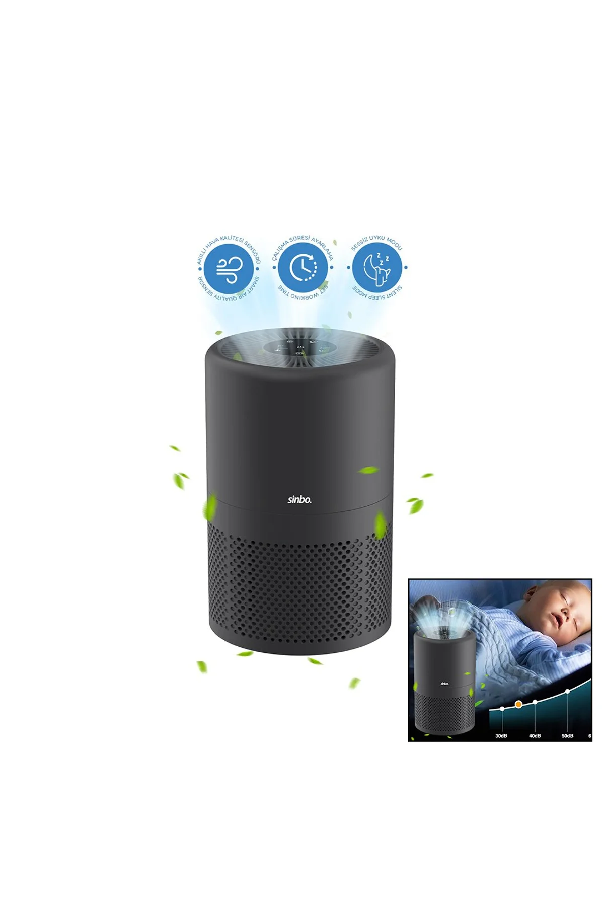 GRİ HAVA TEMİZLEME CİHAZI OTOMATİK FAN 3 KADEME FİLTRELEME LED AYDINLATMA SESSİZ UYKU MOD SAP-5507 (