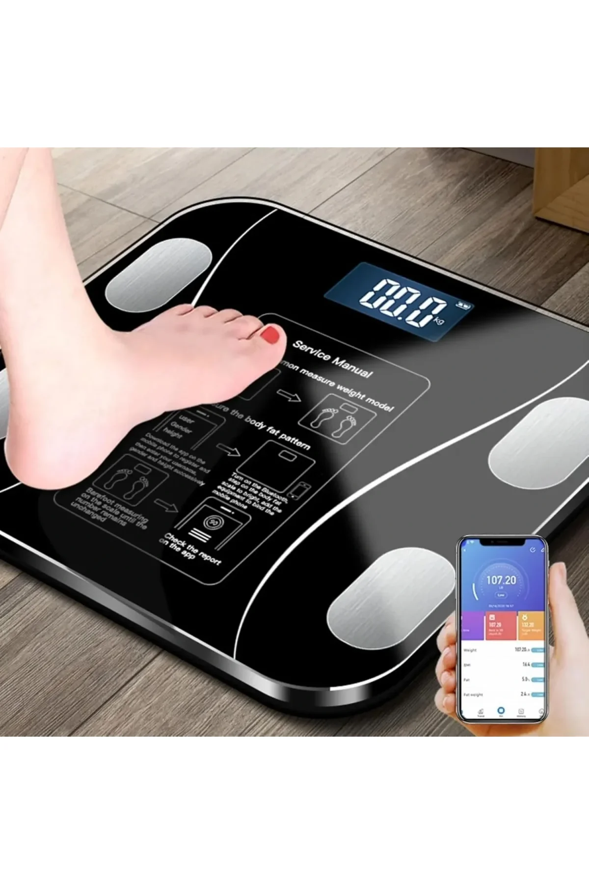 Yağ Ölçer Fonksiyonlu Dijital Baskül Elektronik Tartı Akıllı Bluetooth Lcd Dijital Ekran Ev Vücut (4