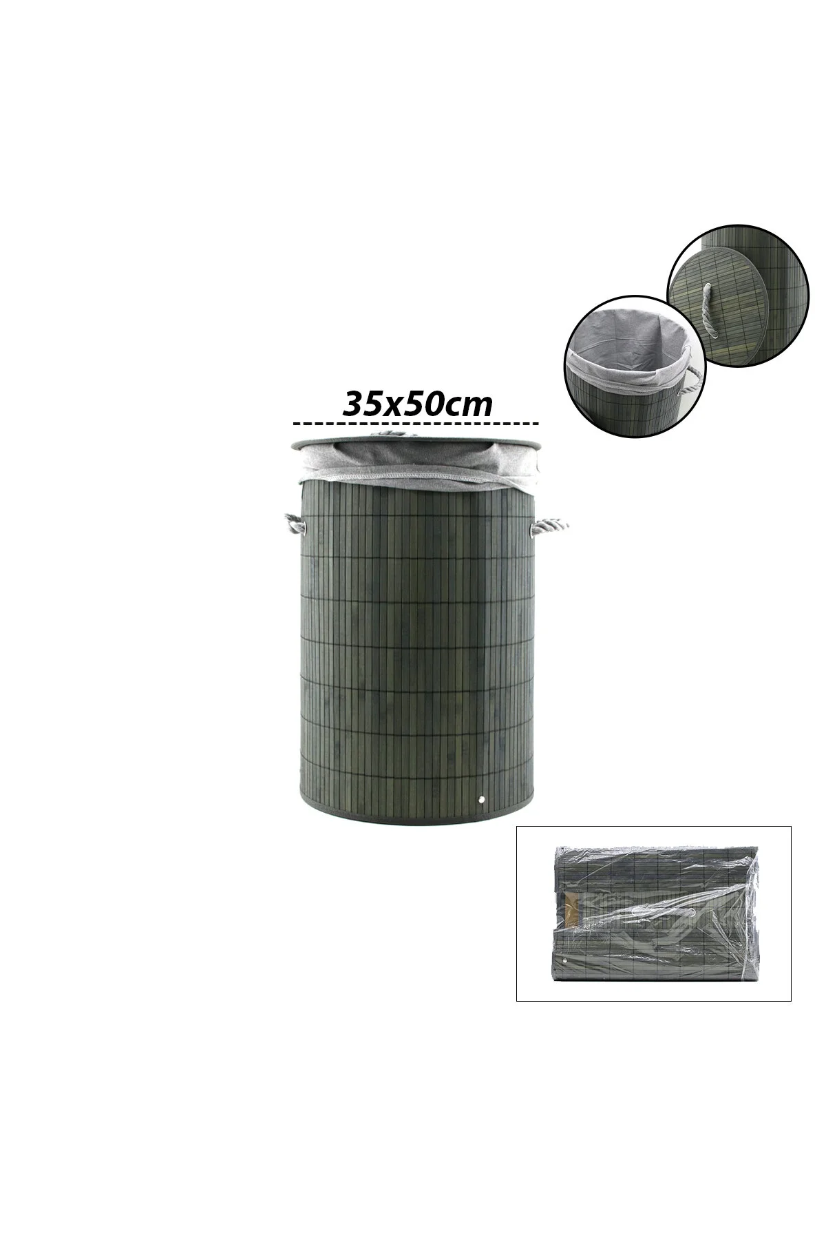 GRİ YUVARLAK 35X50CM BAMBU AHŞAP KİRLİ ÇAMAŞIR SEPETİ SEYYAR KAPAKLI KUMAŞ ÇANTALI İP KULPLU (4741) - Just Cheap Store Görsel 2