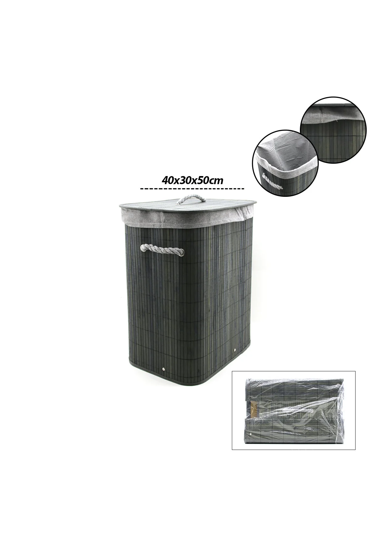 GRİ DİKDÖRTGEN 40X30CM - Y:60CM BAMBU AHŞAP KİRLİ ÇAMAŞIR SEPETİ SEYYAR KAPAKLI KUMAŞ ÇANTALI İP KUL