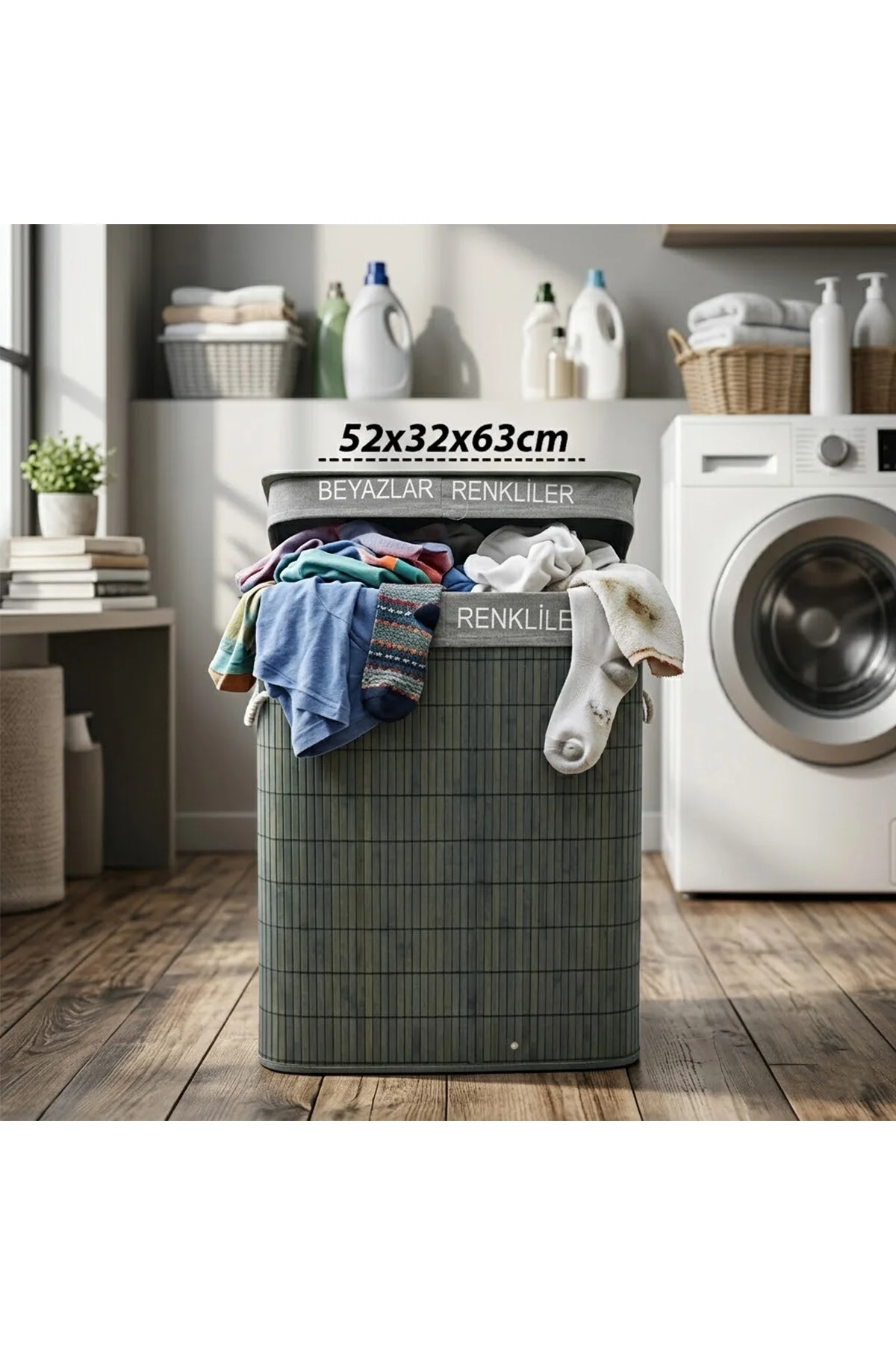 GRİ DİKDÖRTGEN 2 BÖLMELİ 52X32CM Y:63CM BAMBU AHŞAP KİRLİ ÇAMAŞIR SEPETİ KUMAŞ ÇANTALI İP KULP (4741