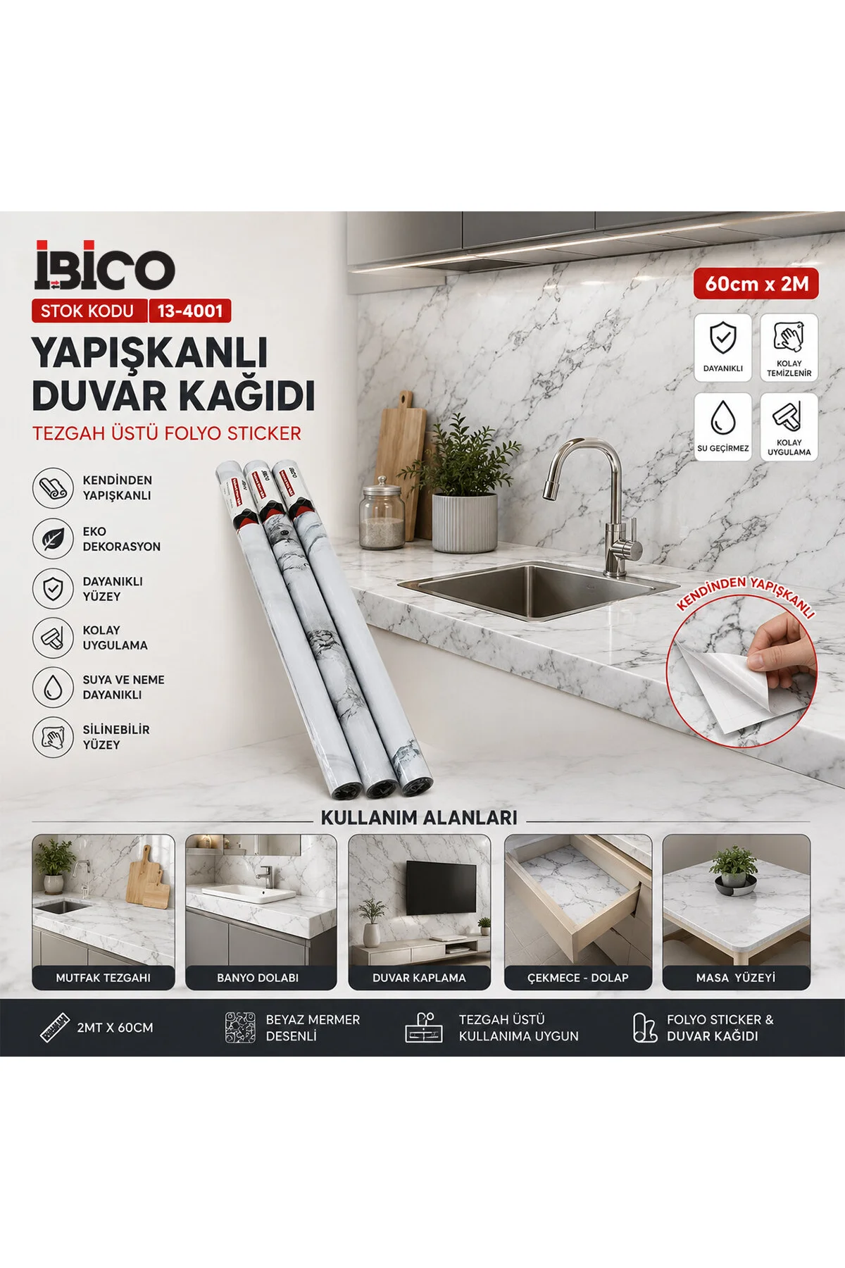2MT X 60CM BEYAZ MERMER DESENLİ TEZGAH ÜSTÜ FOLYO STİCKER - DUVAR KAĞIT KENDİNDEN YAPIŞKANLI - EKO D - Just Cheap Store Görsel 2