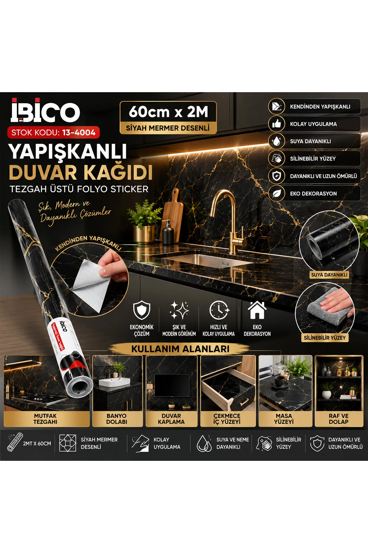 2MT X 60CM SİYAH MERMER DESENLİ TEZGAH ÜSTÜ FOLYO STİCKER - DUVAR KAĞIT KENDİNDEN YAPIŞKANLI - EKO D - Just Cheap Store Görsel 2