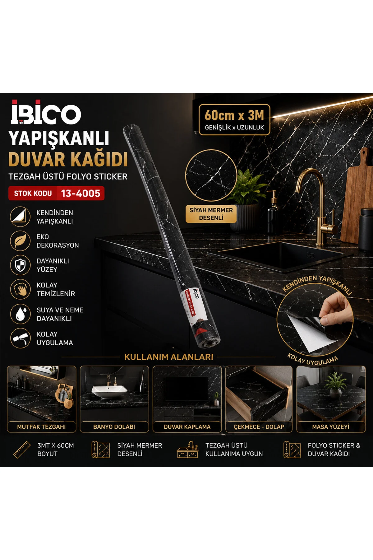 3MT X 60CM SİYAH MERMER DESENLİ TEZGAH ÜSTÜ FOLYO STİCKER - DUVAR KAĞIT KENDİNDEN YAPIŞKANLI - EKO D - Just Cheap Store Görsel 2
