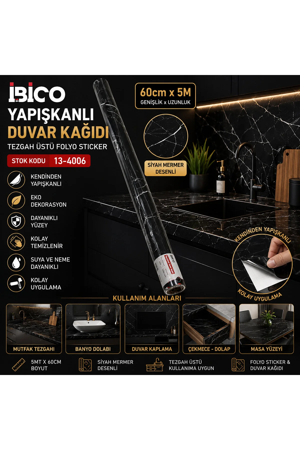 5MT X 60CM SİYAH MERMER DESENLİ TEZGAH ÜSTÜ FOLYO STİCKER - DUVAR KAĞIT KENDİNDEN YAPIŞKANLI - EKO D - Just Cheap Store Görsel 2