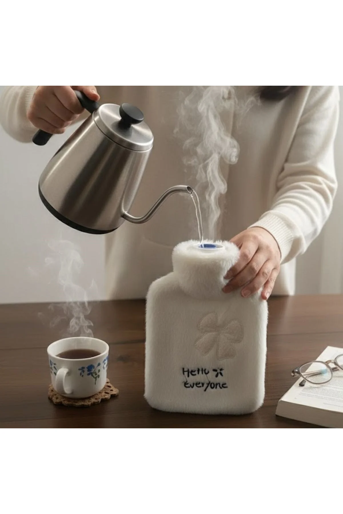 Hello Everyone Yazılı Kurdeleli Beyaz Peluş Sıcak Su Torbası 1 Lt – Yumuşak Kılıf, Uzun Süre Sıcak T - Just Cheap Store Görsel 3