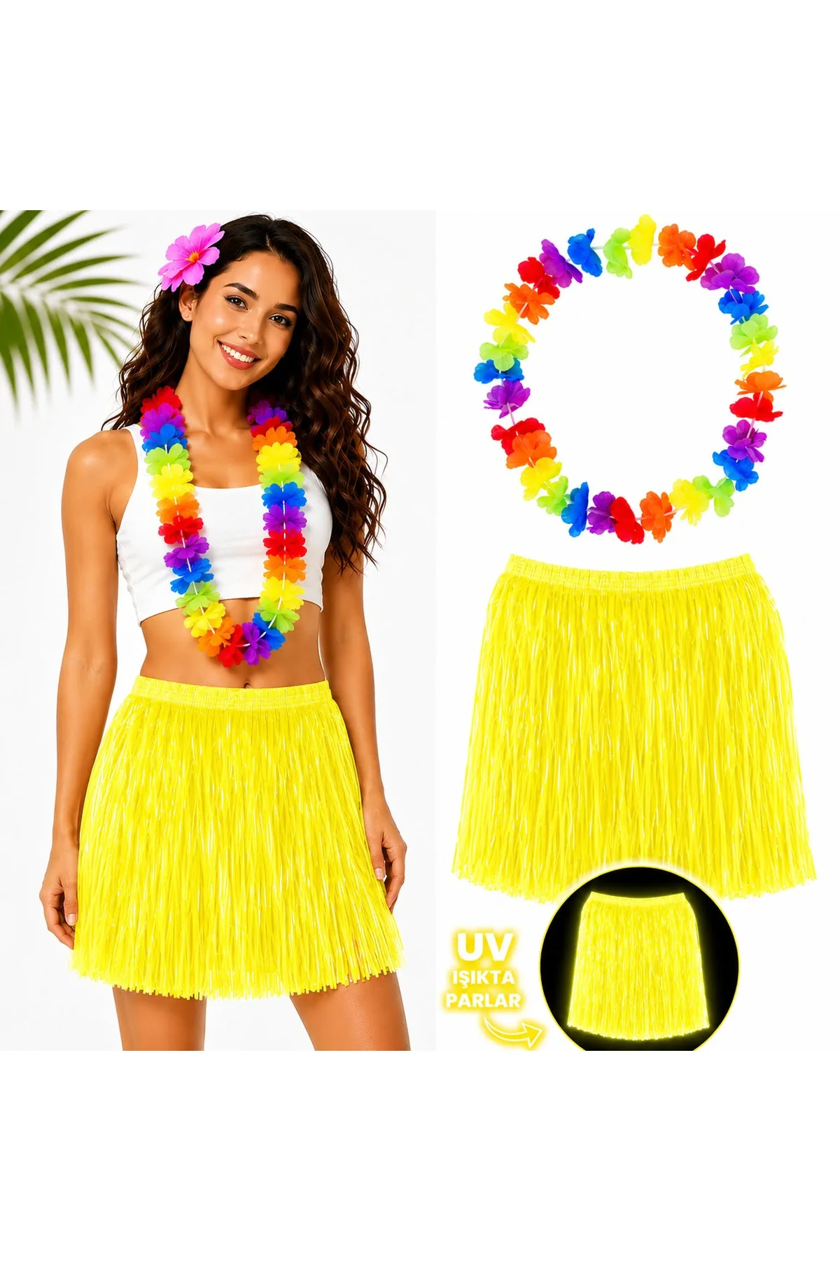 Neon Sarı Hawaii Etek 40 cm ve Rengarenk Hawaii Kolye (4741)