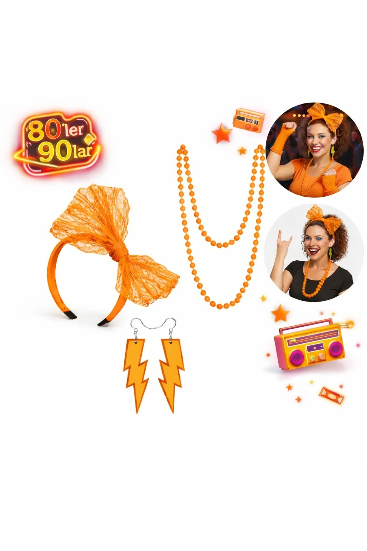 80’ler 90’lar Neon Turuncu Parti Seti – Kolye Küpe Taç (4741) - Just Cheap Store Görsel 3