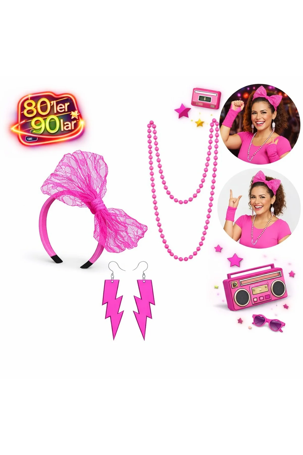 80’ler 90’lar Neon Pembe Parti Seti – Kolye Küpe Taç (4741) - Just Cheap Store Görsel 3
