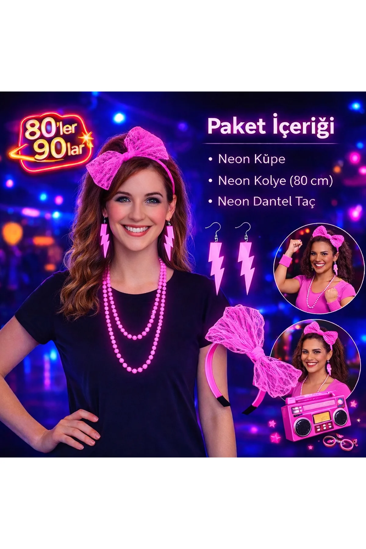 80’ler 90’lar Neon Pembe Parti Seti – Kolye Küpe Taç (4741) - Just Cheap Store Görsel 4