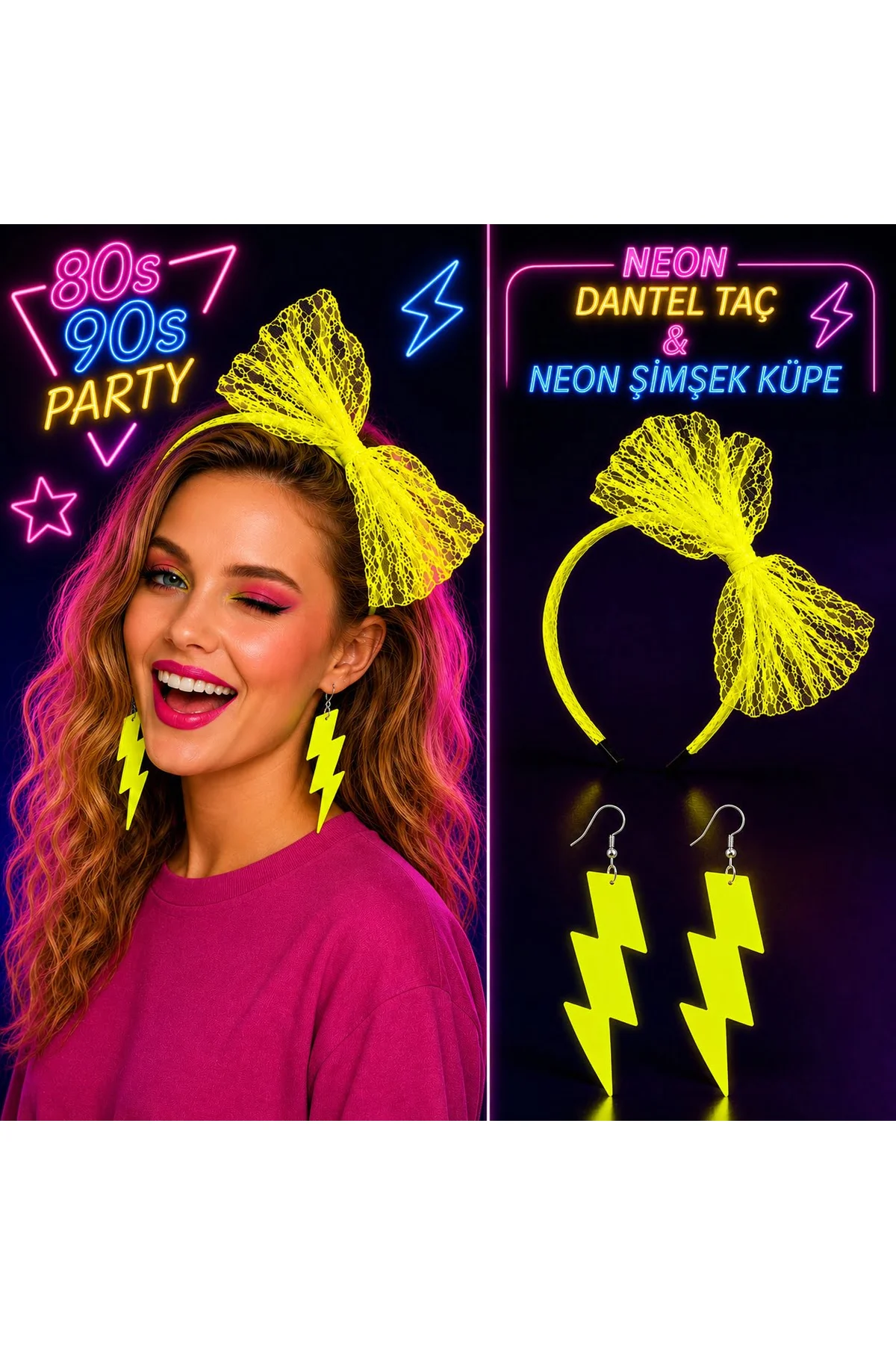 Neon Sarı Dantel Taç ve Şimşek Küpe 80&amp;apos;ler 90&amp;apos;lar Parti Seti (4741)