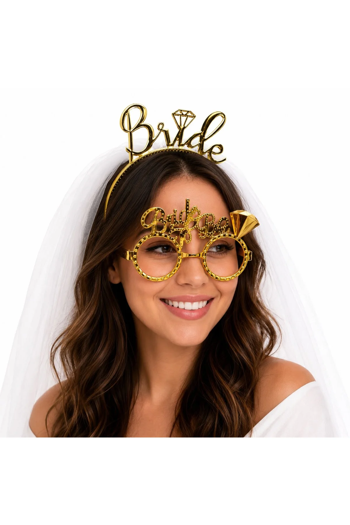 Bride Yazılı Gold Taç ve Parti Gözlüğü Seti (4741)