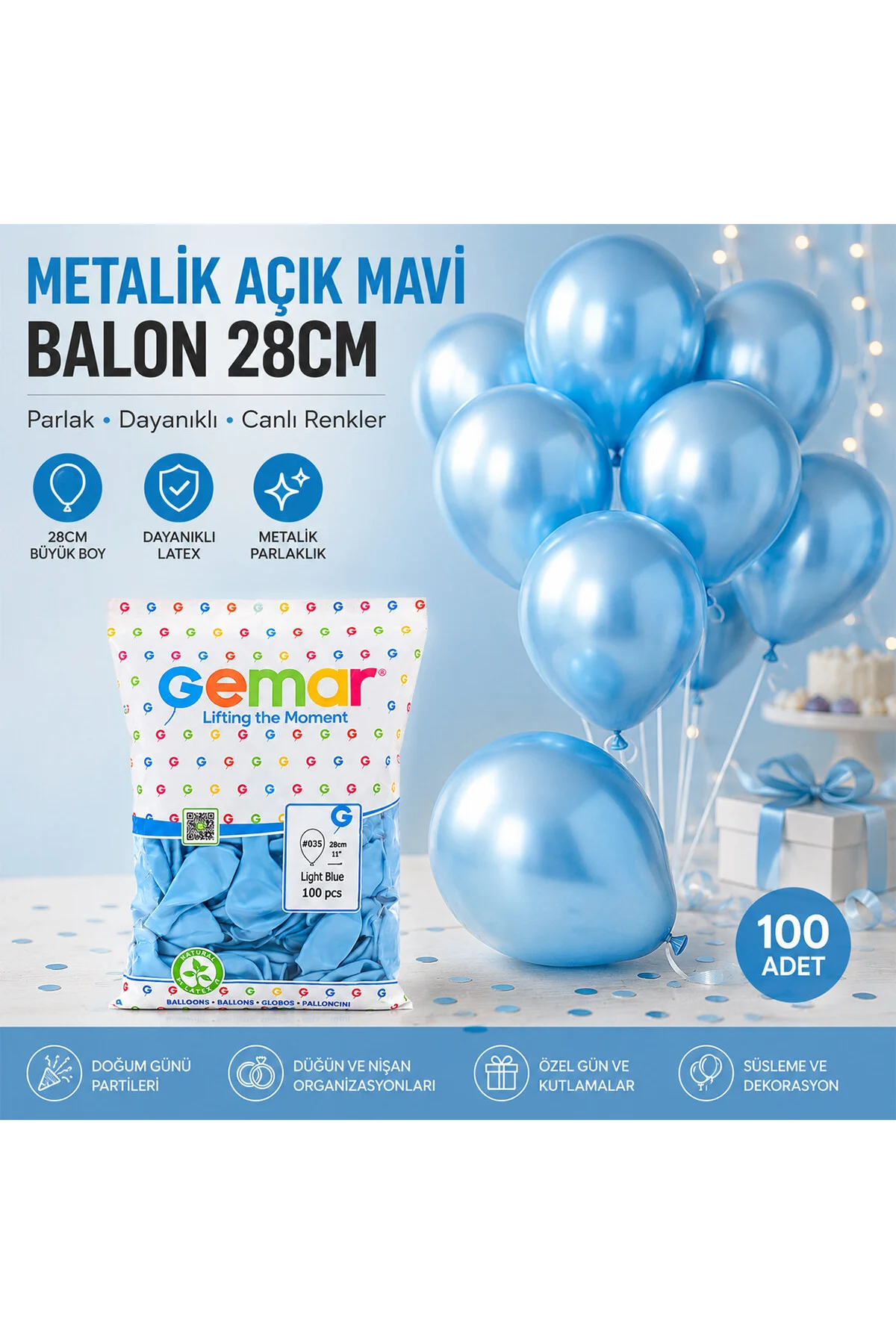 METALİK - AÇIK MAVİ BALON 11 INC - 28CM - 100PCS (4741) - Just Cheap Store Görsel 2