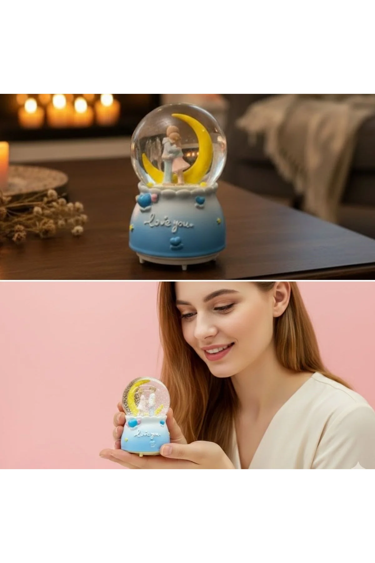 Pilli Işıklı Müzikli Kar Küresi–Hilal Ay Figürlü Romantik Masaüstü Biblo, LED Aydınlatmalı Dekoratif - Just Cheap Store Görsel 5