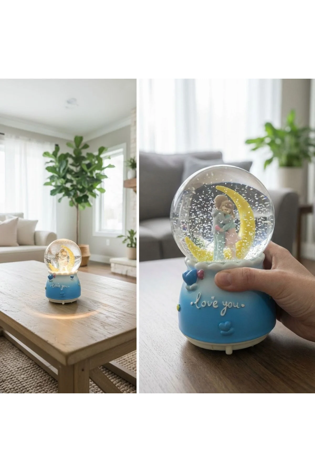 Pilli Işıklı Müzikli Kar Küresi–Hilal Ay Figürlü Romantik Masaüstü Biblo, LED Aydınlatmalı Dekoratif - Just Cheap Store Görsel 3