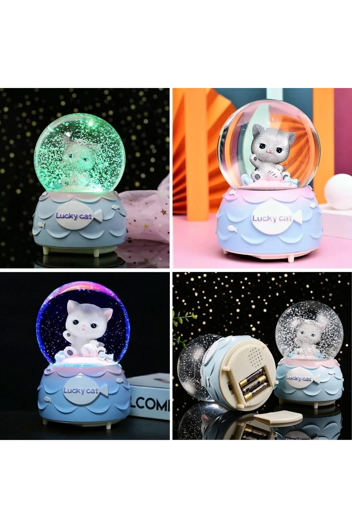Pilli Işıklı Müzikli Kar Küresi–Şanslı Toplu Kedi Figürlü Eğlenceli Masaüstü Biblo, LED Aydınlatmalı - Just Cheap Store Görsel 4