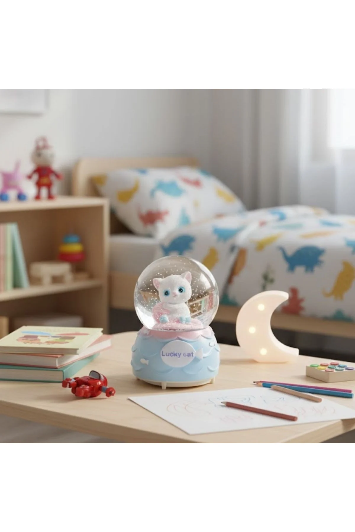 Pilli Işıklı Müzikli Kar Küresi–Şanslı Toplu Kedi Figürlü Eğlenceli Masaüstü Biblo, LED Aydınlatmalı - Just Cheap Store Görsel 2