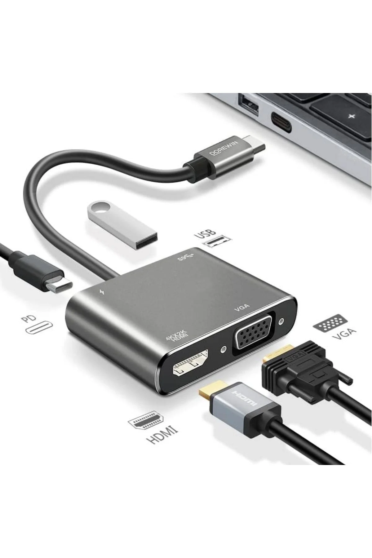 4’ü 1 Arada Type-C to Hub Dönüştürücü Adaptör – 4K Ultra HD HDMI &amp;amp; VGA Görüntü Aktarımı, PD - Just Cheap Store Görsel 2