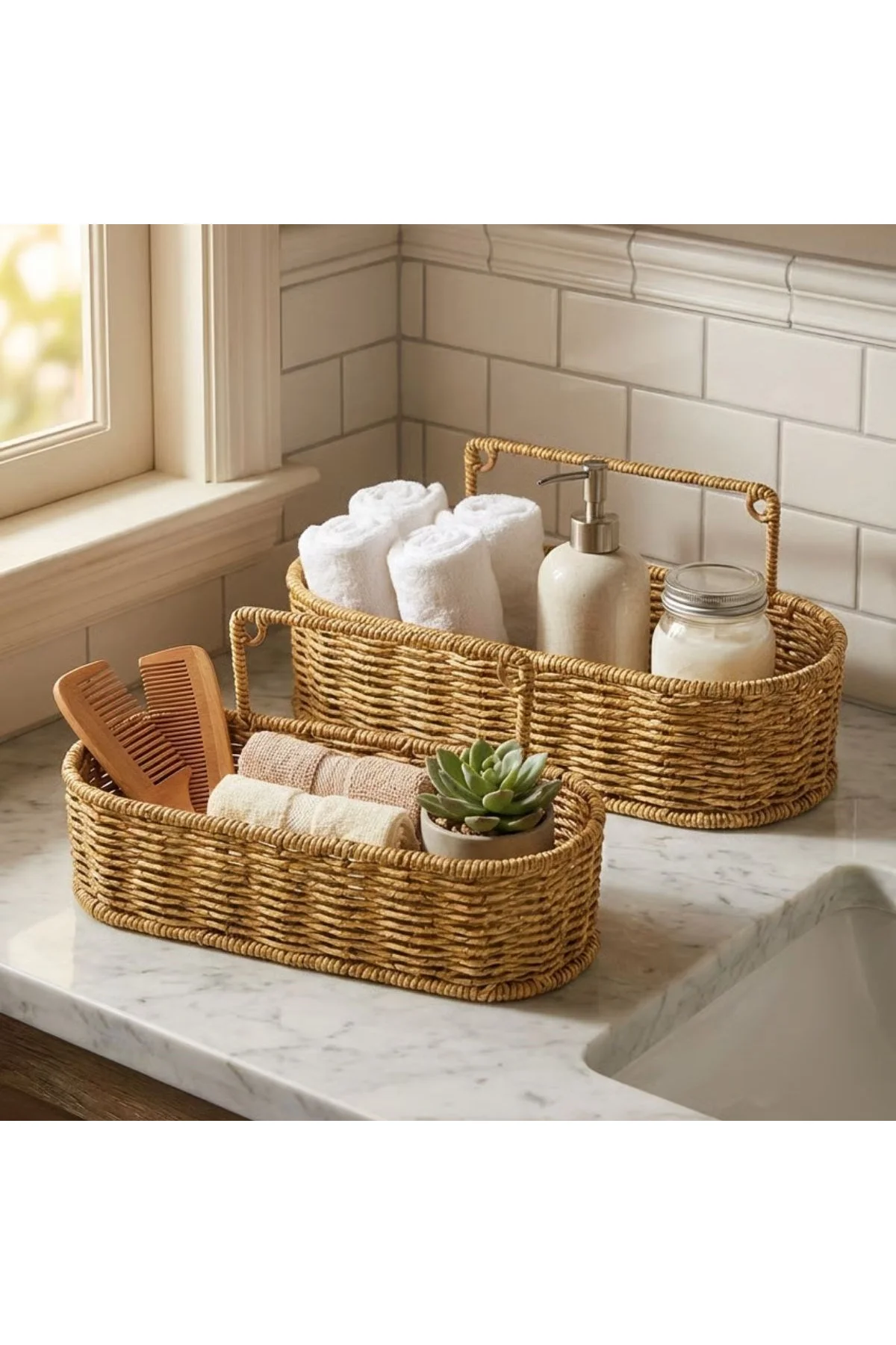 2’li Duvar Askılı Plastik Rattan Organizer – Oval Hasır Görünümlü Mutfak Raf Sepeti, Banyo ve Ev İçi - Just Cheap Store Görsel 4