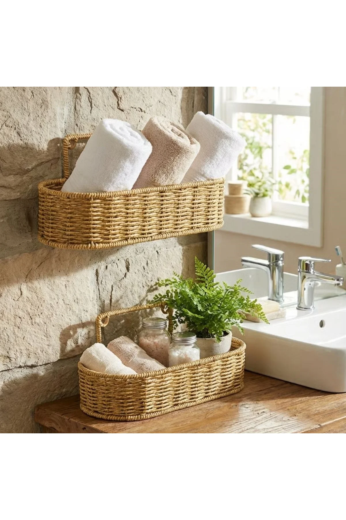 2’li Duvar Askılı Plastik Rattan Organizer – Oval Hasır Görünümlü Mutfak Raf Sepeti, Banyo ve Ev İçi - Just Cheap Store Görsel 2