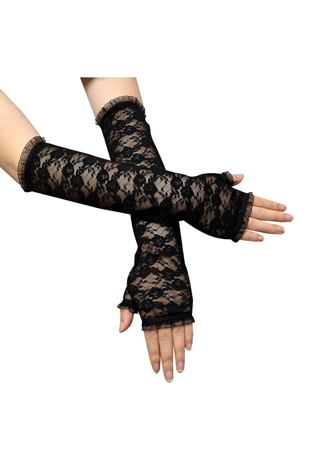 Uzun Zarif Dantel Eldiven Parmaksız Siyah 35 cm (4741) - Just Cheap Store Görsel 2