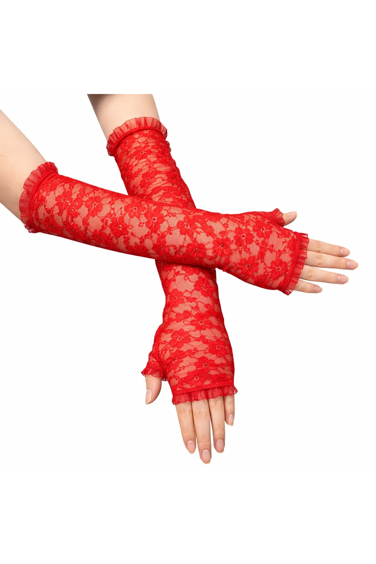 Uzun Zarif Dantel Eldiven Parmaksız Kırmızı 35 cm (4741) - Just Cheap Store Görsel 2