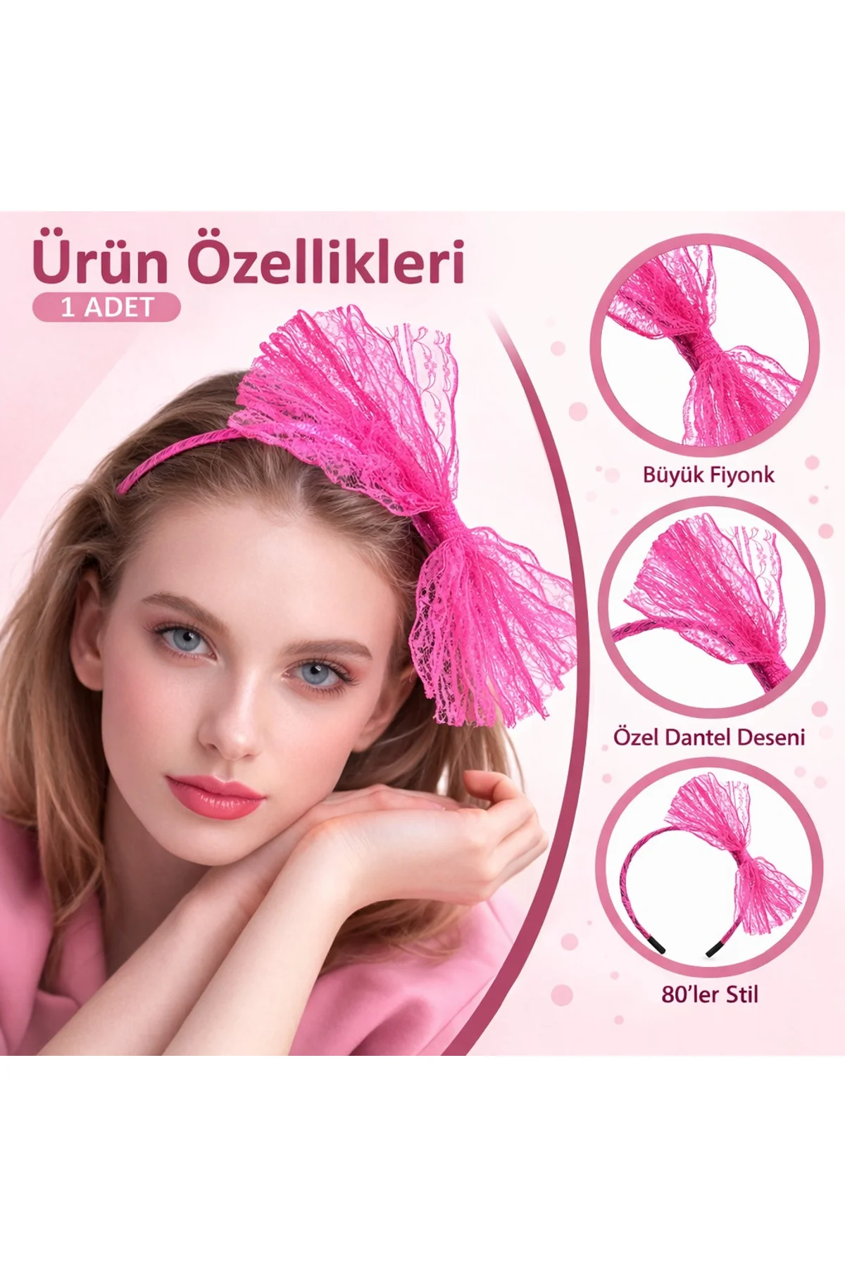 80’ler 90’lar Neon Pembe Dantel Taç Fiyonklu (4741) - Just Cheap Store Görsel 2