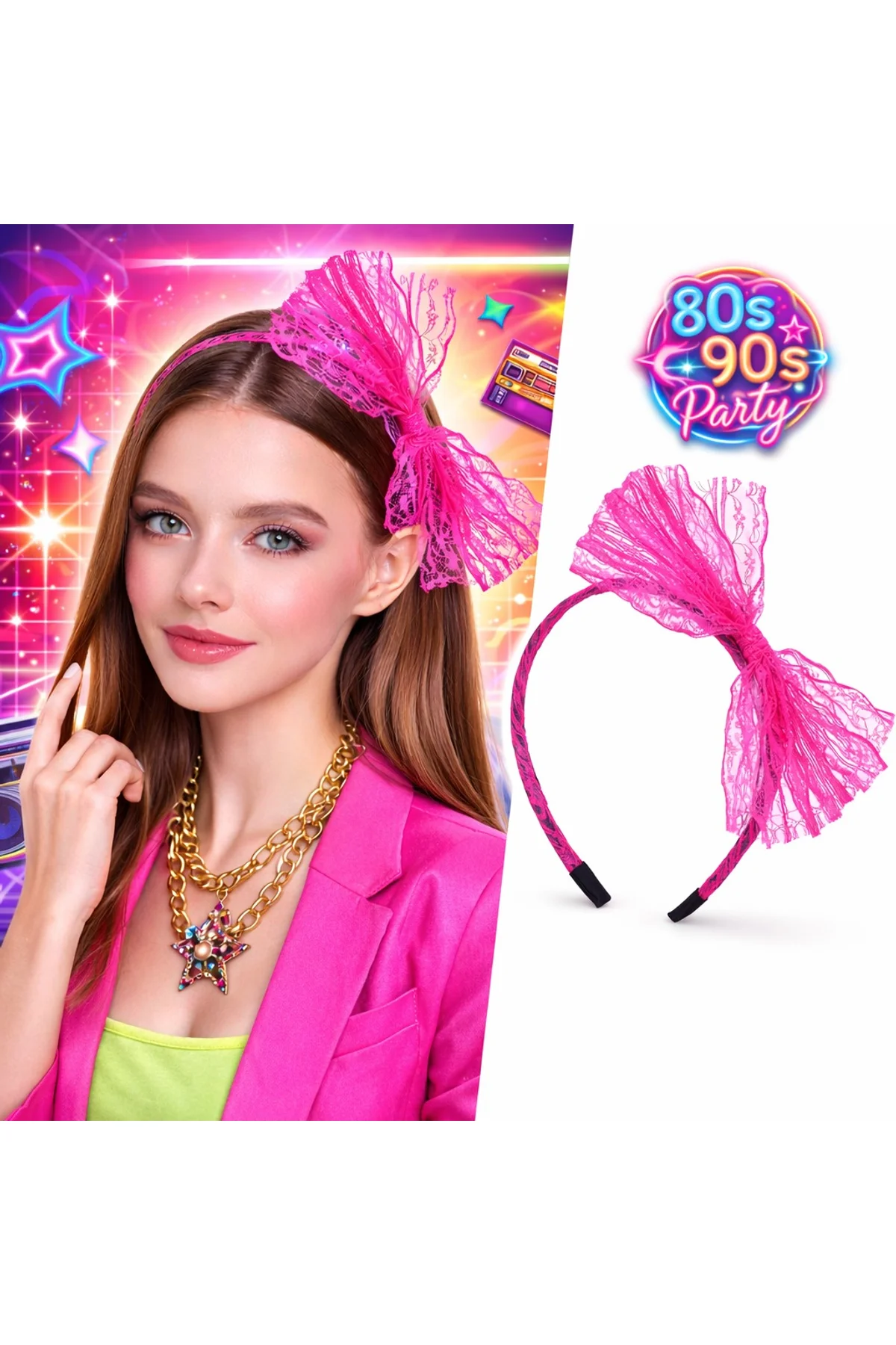 80’ler 90’lar Neon Pembe Dantel Taç Fiyonklu (4741)