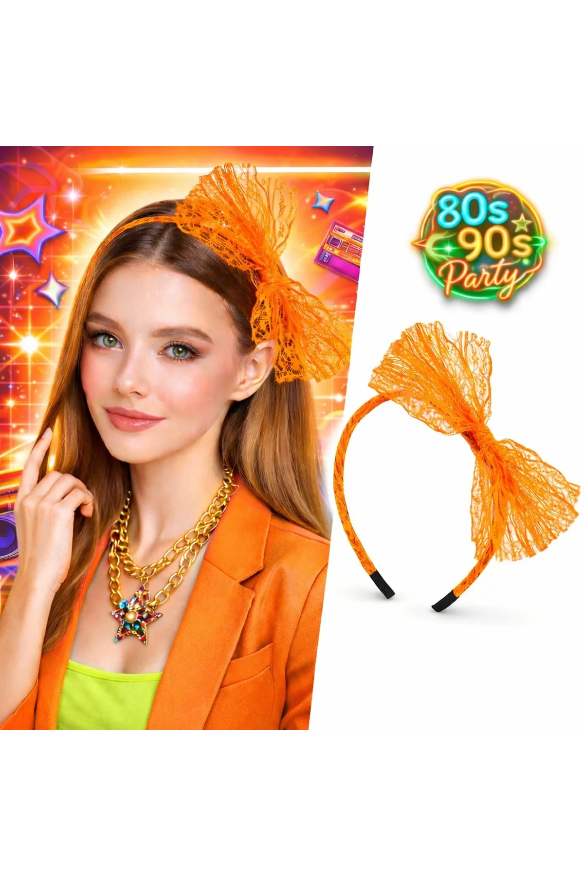 80’ler 90’lar Neon Turuncu Dantel Taç Fiyonklu (4741)
