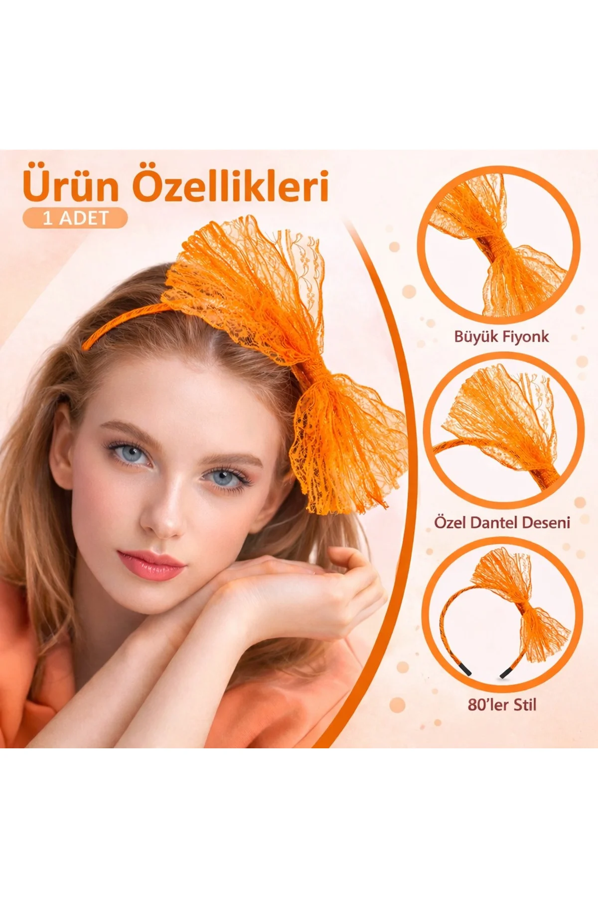 80’ler 90’lar Neon Turuncu Dantel Taç Fiyonklu (4741) - Just Cheap Store Görsel 2