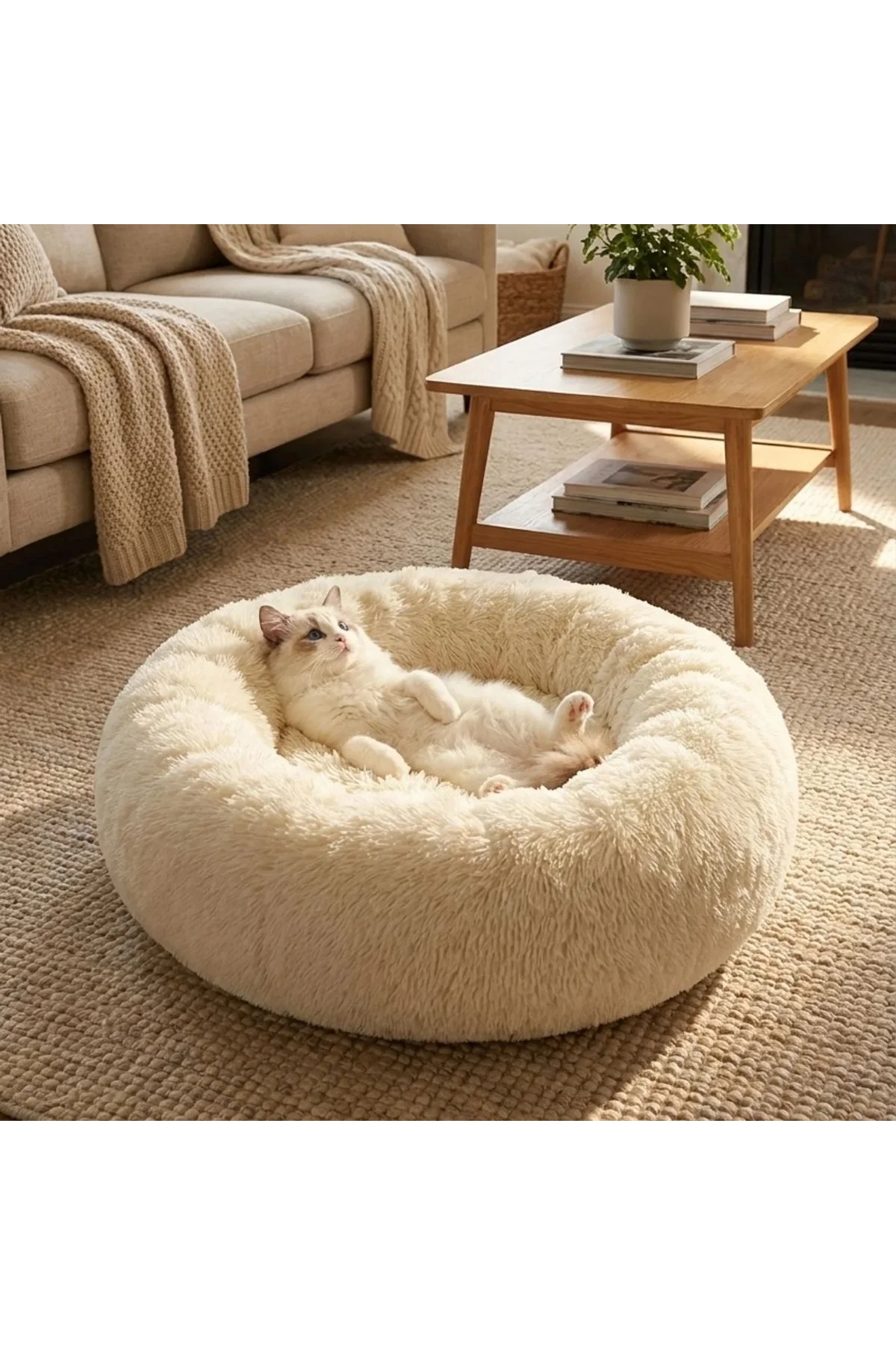Yuvarlak Ultra Yumuşak Welsoft Peluş Kedi ve Köpek Yatağı – Kaymaz Taban Tüylü Pet Pufu,Uyku Minderi - Just Cheap Store Görsel 4