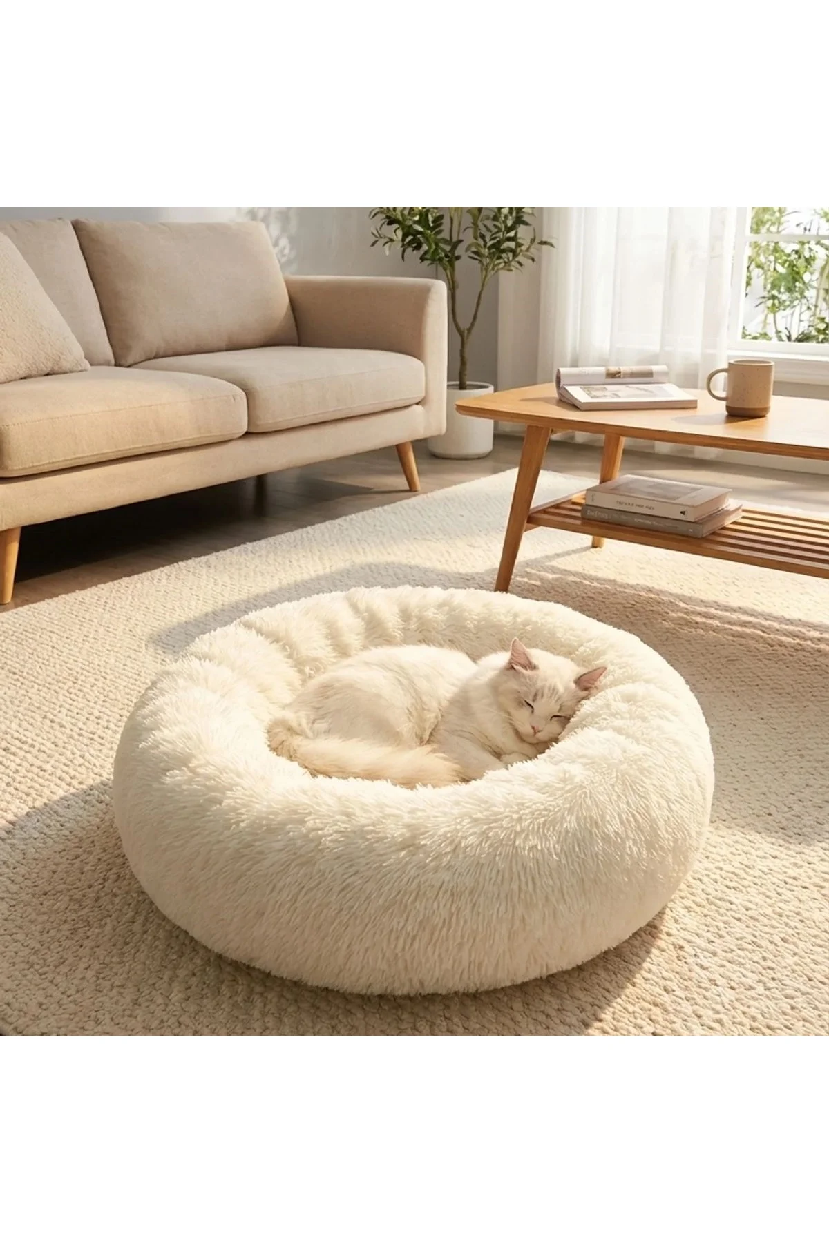 Yuvarlak Ultra Yumuşak Welsoft Peluş Kedi ve Köpek Yatağı – Kaymaz Taban Tüylü Pet Pufu,Uyku Minderi