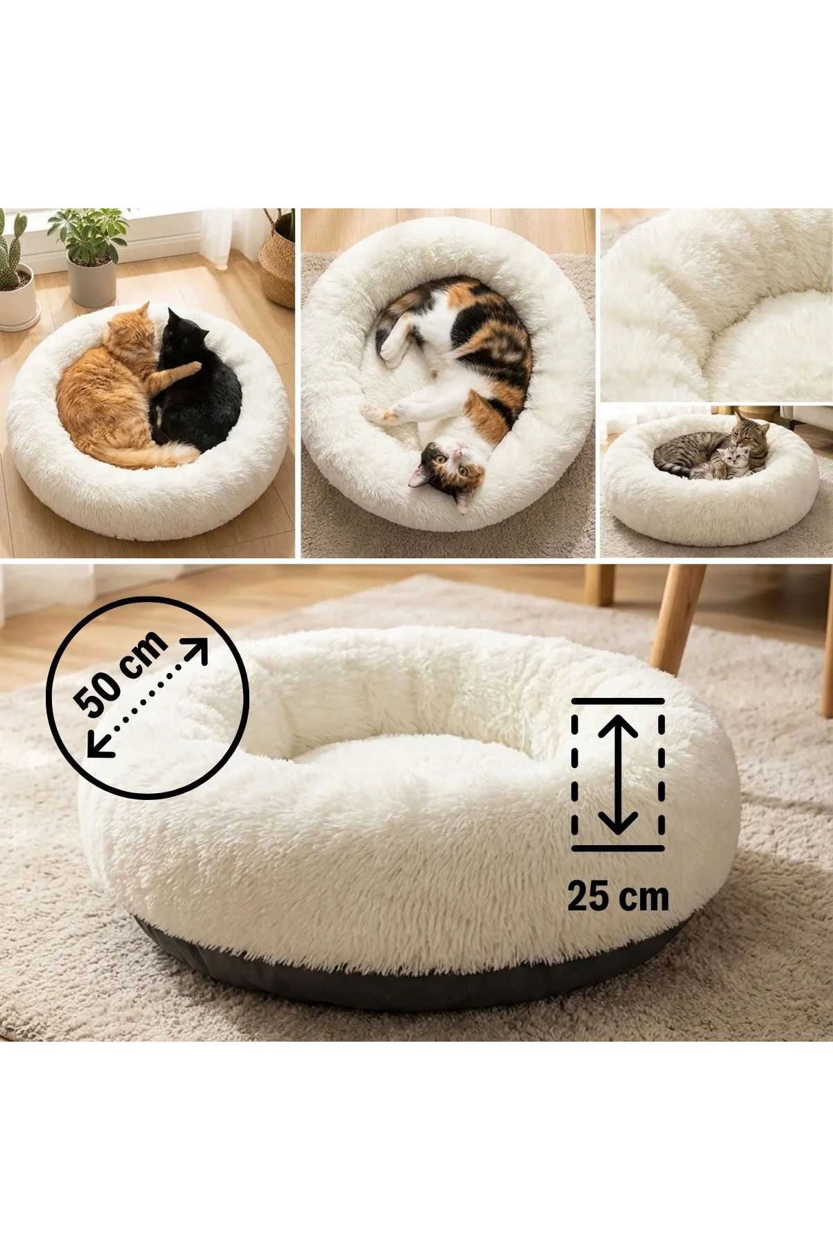 Yuvarlak Ultra Yumuşak Welsoft Peluş Kedi ve Köpek Yatağı – Kaymaz Taban Tüylü Pet Pufu,Uyku Minderi - Just Cheap Store Görsel 5