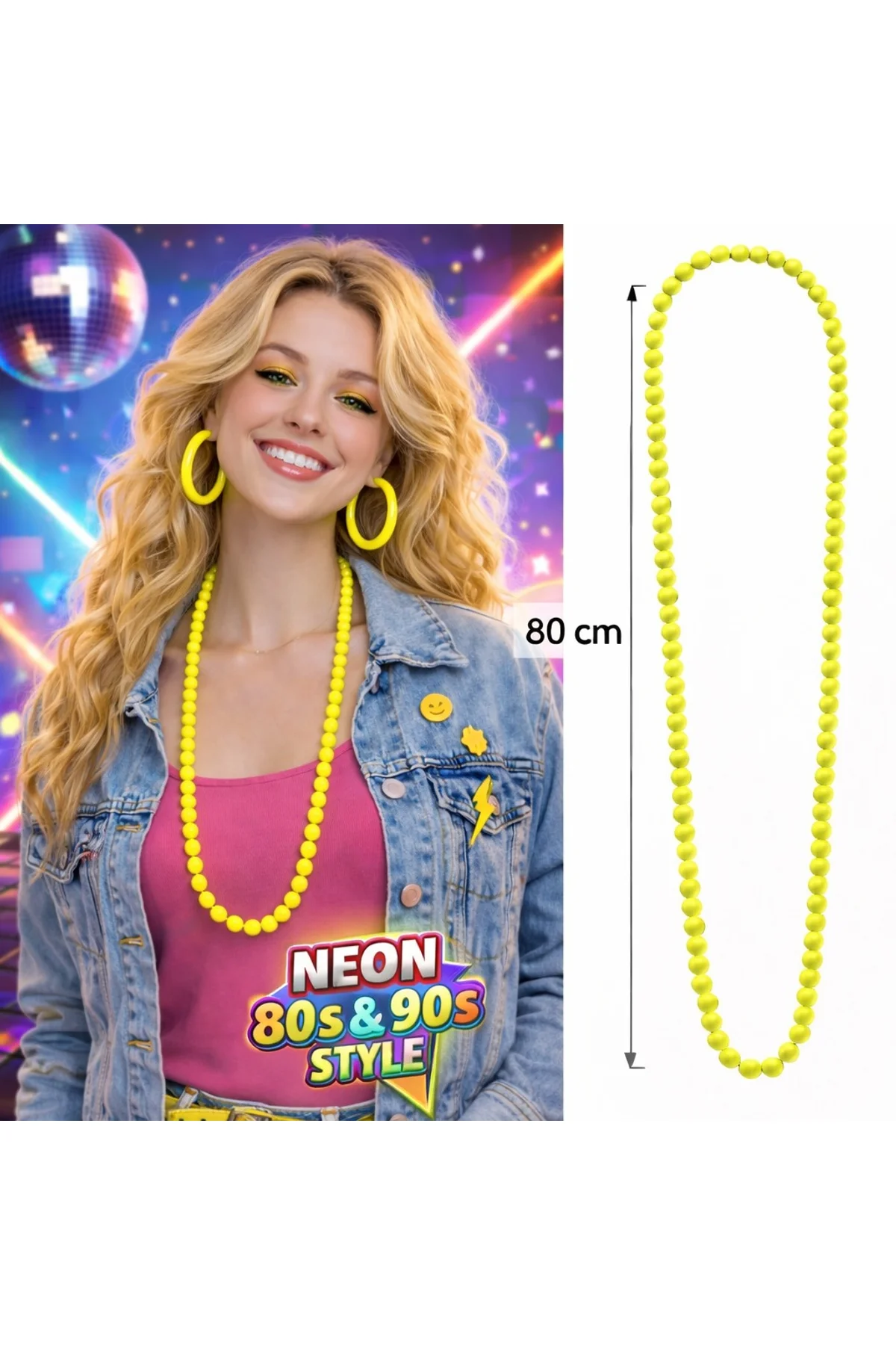 Neon Sarı Boncuk Kolye 80 cm – Retro 80’ler 90’lar Parti Aksesuarı (4741)