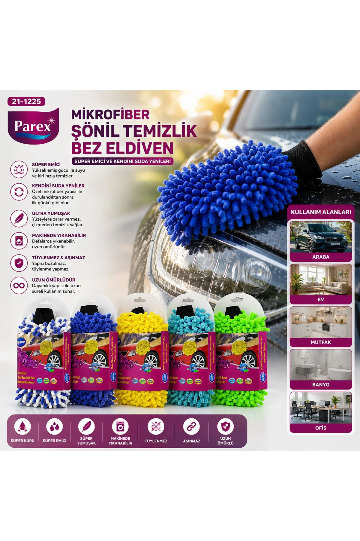 MİKROFİBER ŞONİL TEMİZLİK BEZİ - MAKARNA - OTO YIKAMA ELDİVENİ (4741) - Just Cheap Store Görsel 2