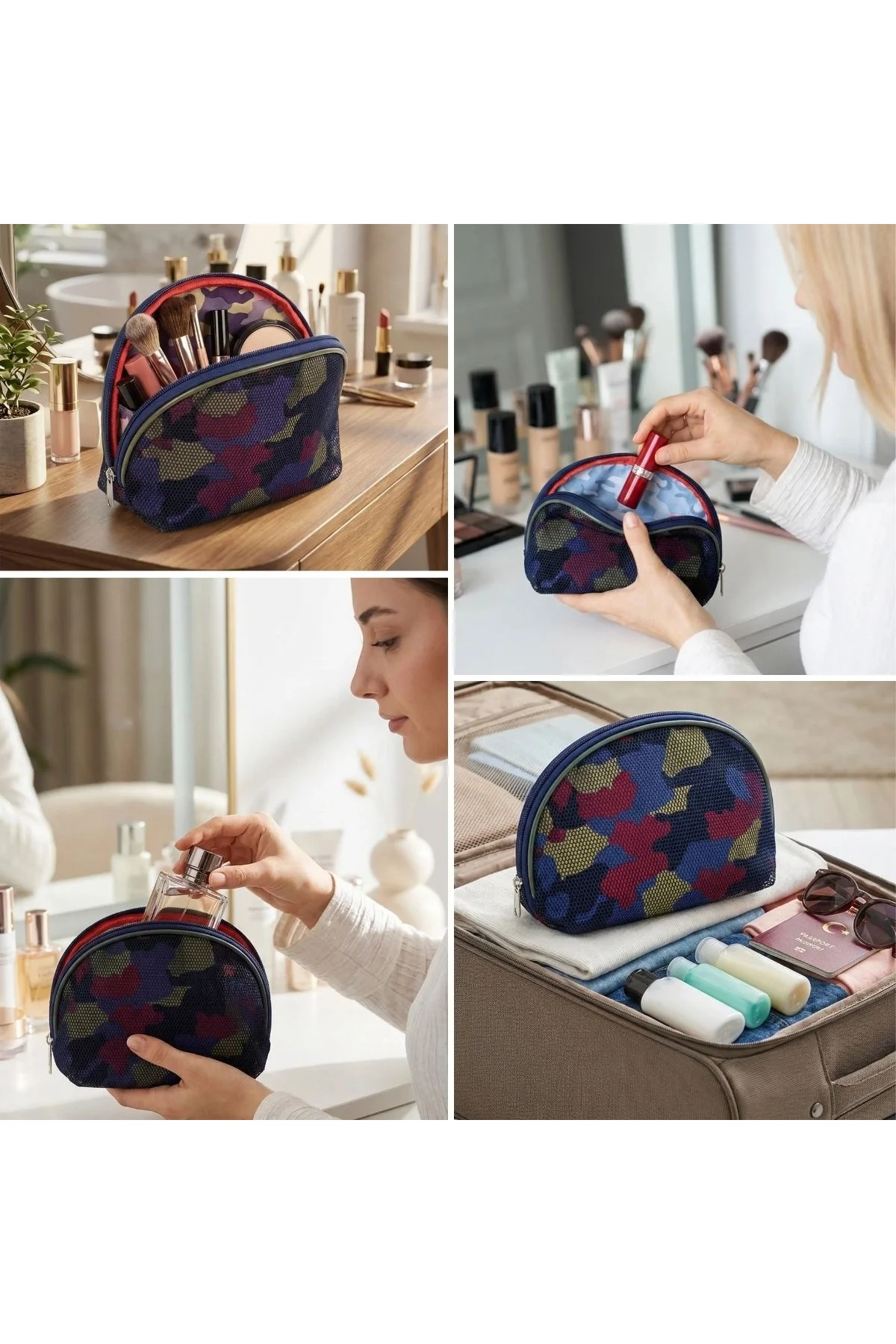 Çok Renkli Kamuflaj Makyaj Çantası – File Detaylı Seyahat Tipi Kozmetik Organizer El Çantası (4741) - Just Cheap Store Görsel 2