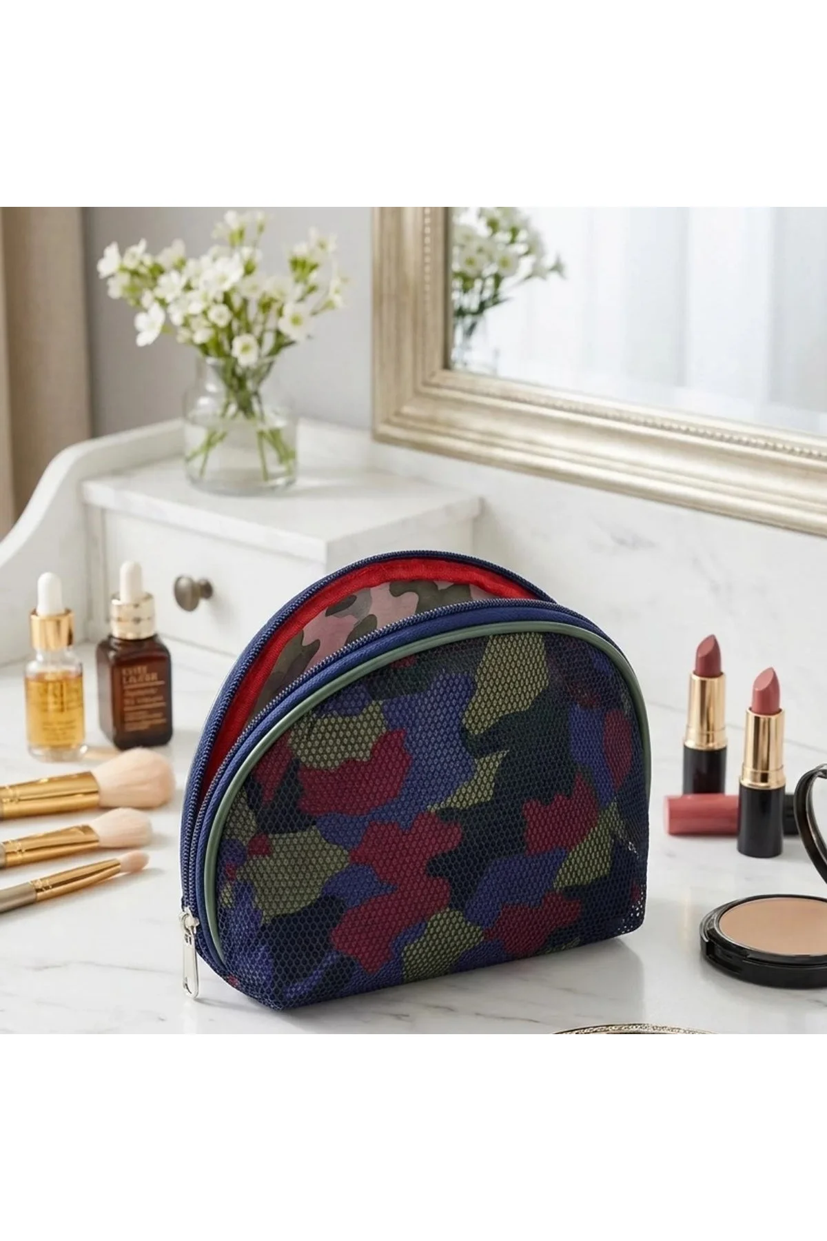 Çok Renkli Kamuflaj Makyaj Çantası – File Detaylı Seyahat Tipi Kozmetik Organizer El Çantası (4741) - Just Cheap Store Görsel 4