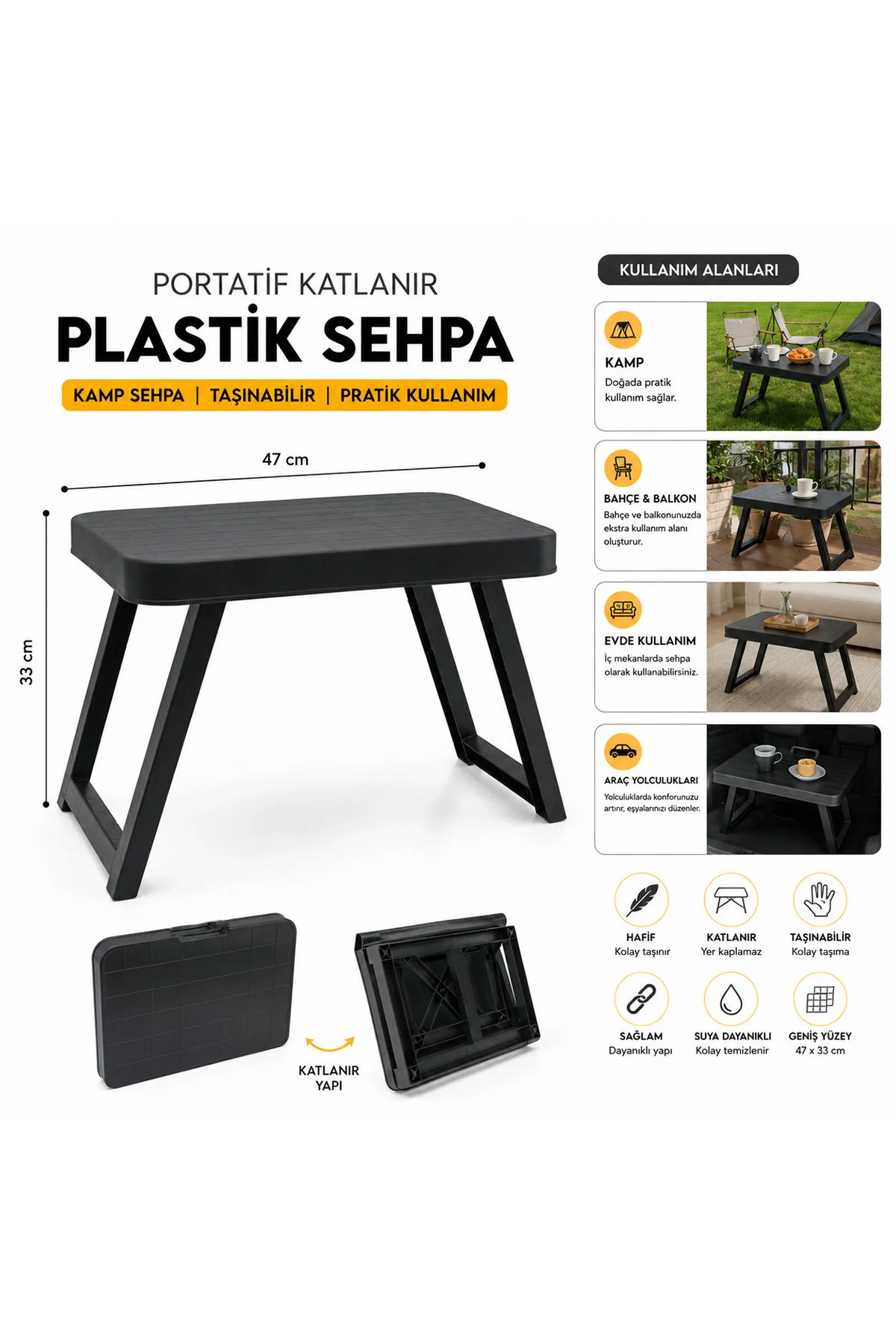 10 ADET KÜÇÜK= 47X33CM KAMP - PİKNİK MASASI SİYAH PLASTİK KATLANABİLİR AYAKLI=38CM (4741) - Just Cheap Store Görsel 2