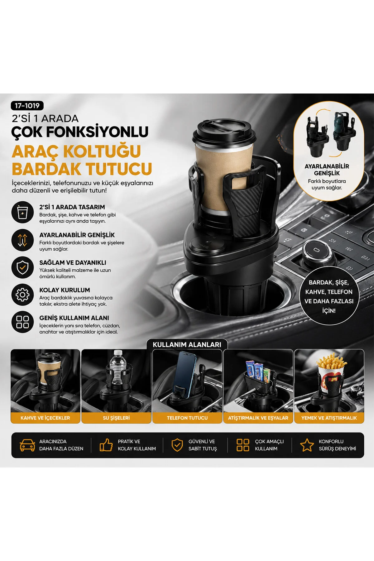 ARAÇ İÇİ ÇOK FONKSİYONLU BARDAK TUTUCU - 2 BÖLMELİ 360° DÖNEBİLEN - GENİŞLEYEBİLİR ÜST HAZNE - STAND - Just Cheap Store Görsel 2