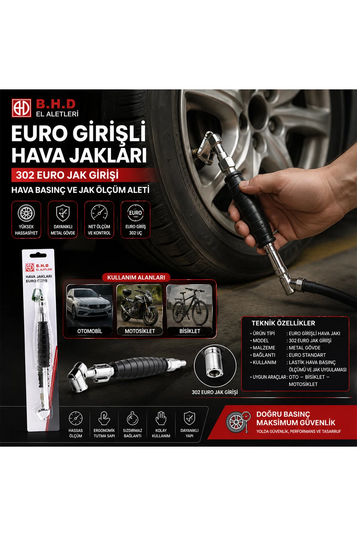 EURO JACK LASTİK HAVA BASINÇ ÖLÇÜM ALETİ OTO - BİSİKLET - MOTORSİKLET - BOT (4741) - Just Cheap Store Görsel 2