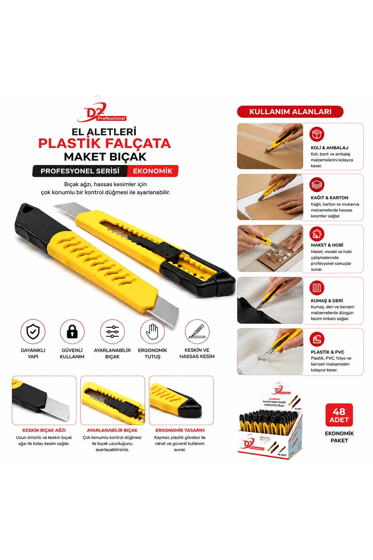 48 ADET EKO PLASTİK FALÇATA MAKET BIÇAK SARI (4741) - Just Cheap Store Görsel 2