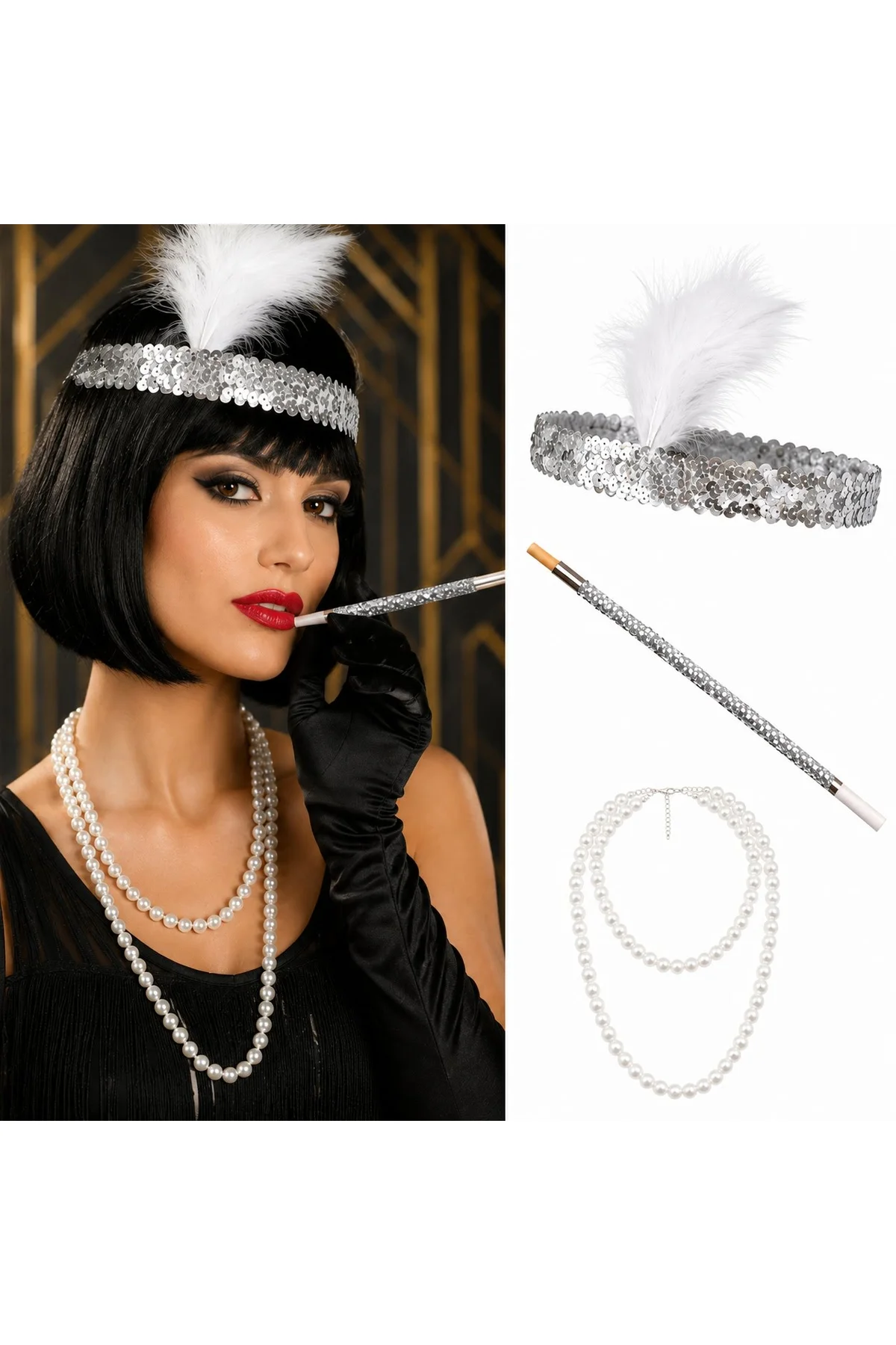 1920&amp;apos;ler Gatsby Gümüş Parti Seti - Çarliston Saç Bandı, İnci Kolye ve Sigara Tutacağı (4741