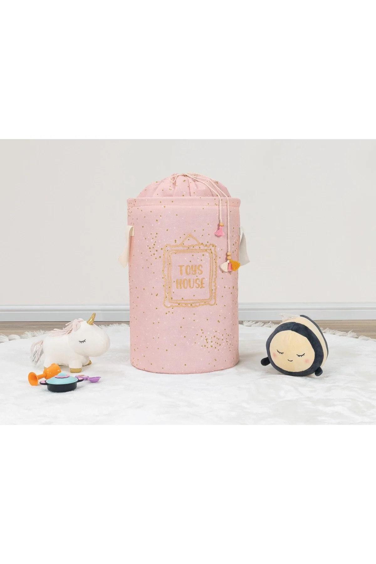 Baby Kullanımı Kolay Desenli Taşınabilir Torbalı Yuvarlak Sepet(pembe) Çamaşır Sepeti 04270