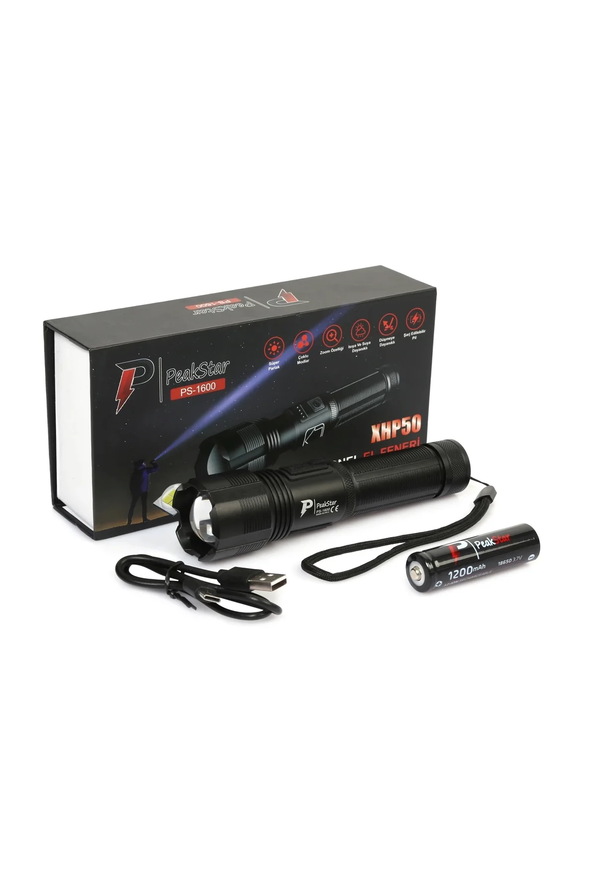 Peakstar Ps-1600 Süper Parlak Led Zoomlu 5 Mod Su Geçirmez Profesyonel Kamp Bekçi Avcı Feneri