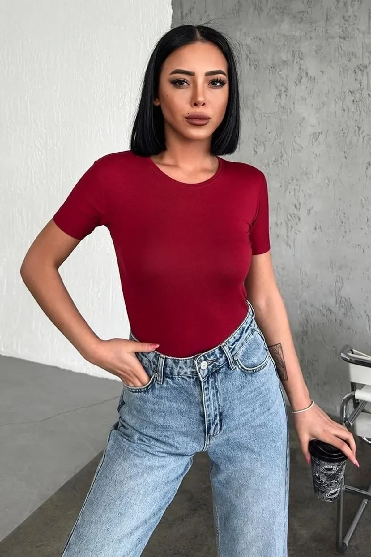 Rahat Ve Şık Kısa Kollu Bisiklet Yaka Likralı Viskon Penye Body Bordo - Just Cheap Store Görsel 2