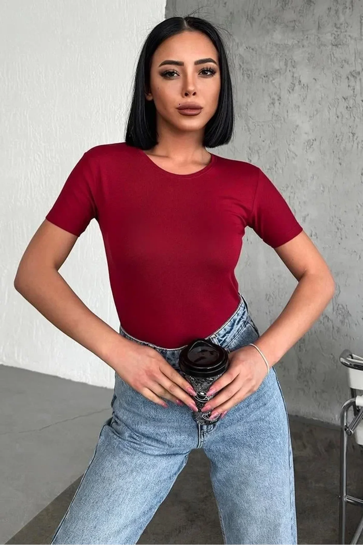 Rahat Ve Şık Kısa Kollu Bisiklet Yaka Likralı Viskon Penye Body Bordo - Just Cheap Store Görsel 3