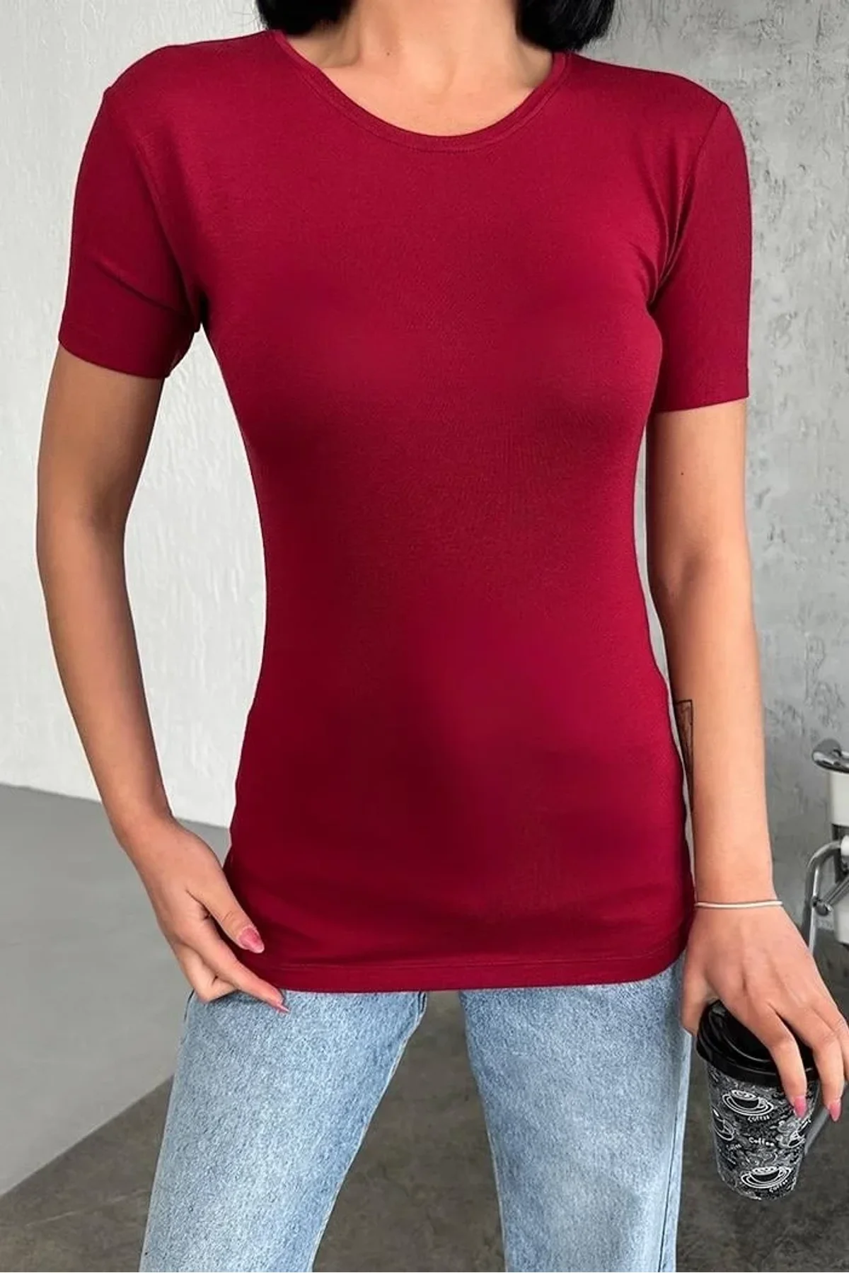 Rahat Ve Şık Kısa Kollu Bisiklet Yaka Likralı Viskon Penye Body Bordo - Just Cheap Store Görsel 4